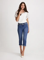 Lace Sleeves Top & Denim Capris