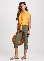 Linen Blend Knotted Blouse & Pull-On Bengaline Capris