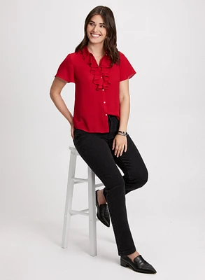 Ruffle Short Sleeve Blouse & Rhinestone Detail Straight Leg Jeans