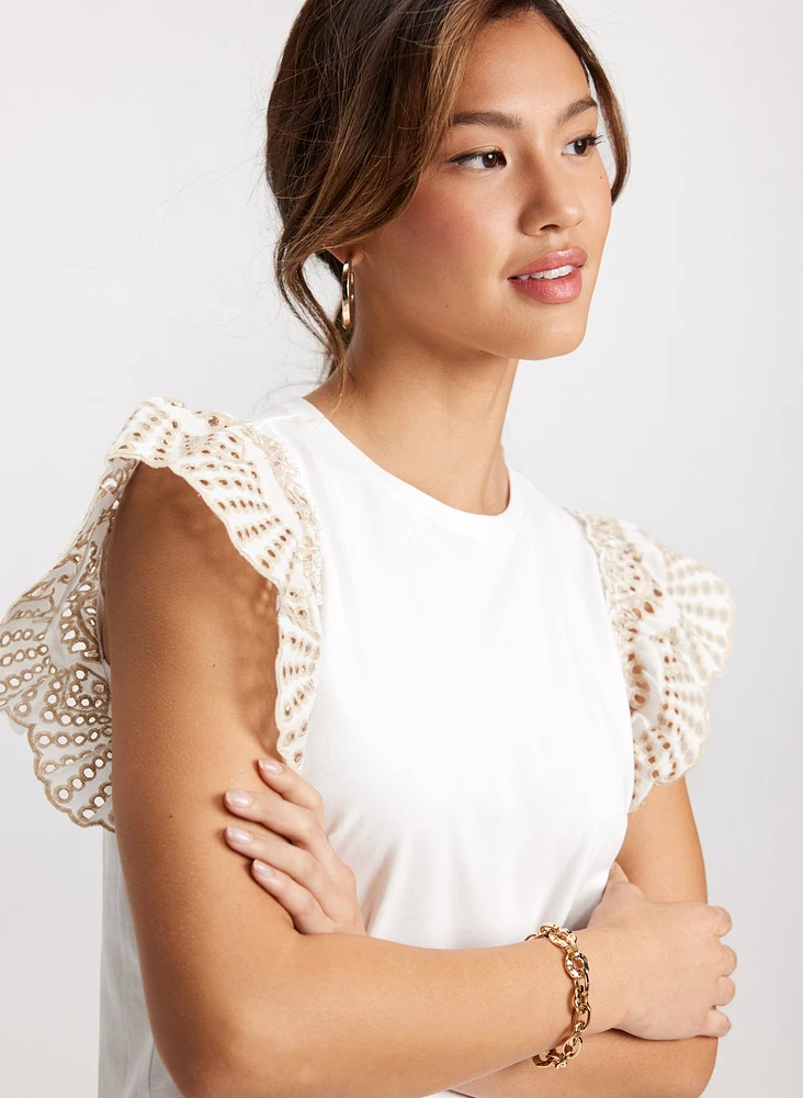 Ruffled Eyelet Sleeve Tee