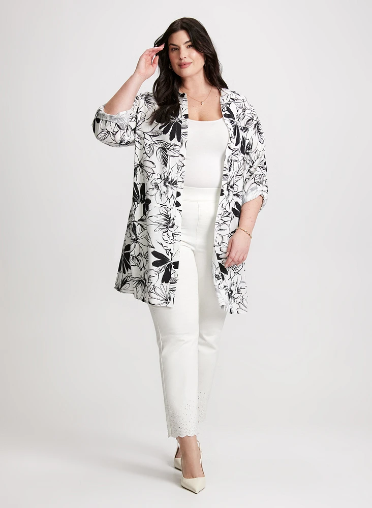 Floral Linen-Blend Blouse & Embroidered Pull-On Jeans