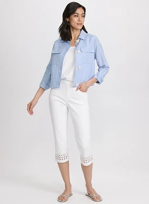 Short Linen Jacket & Perforated Denim Capris