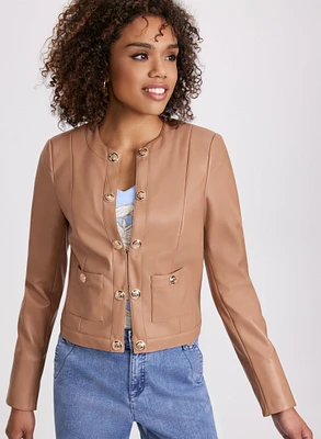 Collarless Vegan Leather Jacket