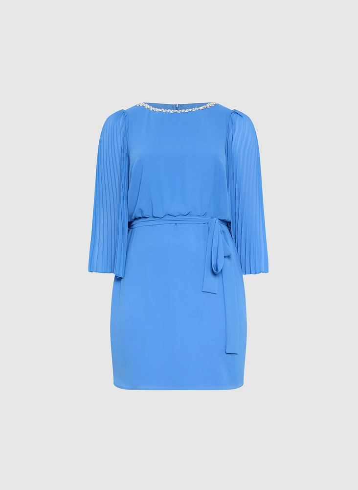 Embellished Plissé Flutter Sleeve Dress