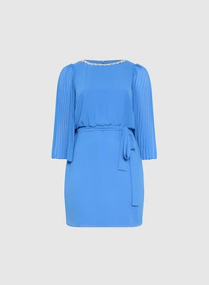 Embellished Plissé Flutter Sleeve Dress