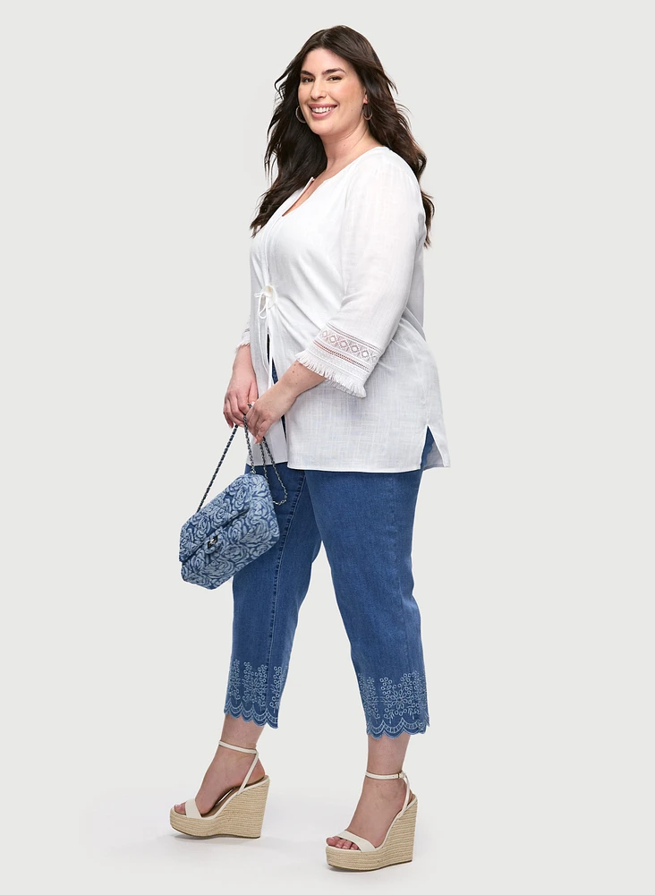 Linen-Blend Fringe Sleeve Blouse & Embroidered Hem Capri Jeans