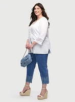 Linen-Blend Fringe Sleeve Blouse & Embroidered Hem Capri Jeans