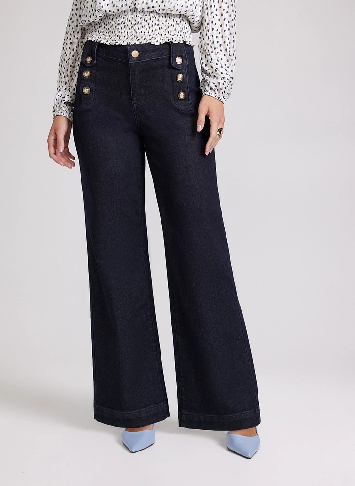 Embossed Button Wide-Leg Jeans