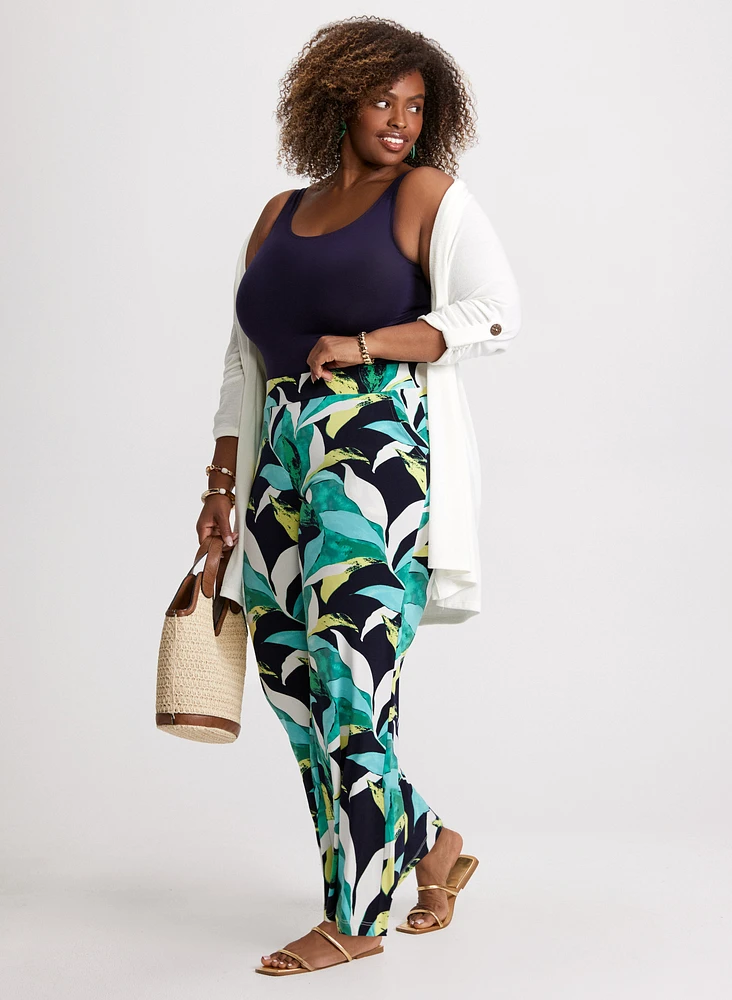 Open Front Top & Leaf Print Pants