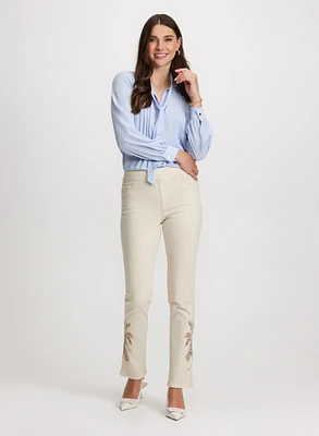 Pintuck Blouse & Rose Applique Pull-On Jeans