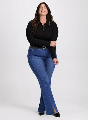 Pearl Trim Polo Sweater & Flared Leg Jeans