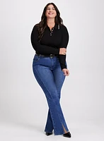 Pearl Trim Polo Sweater & Flared Leg Jeans