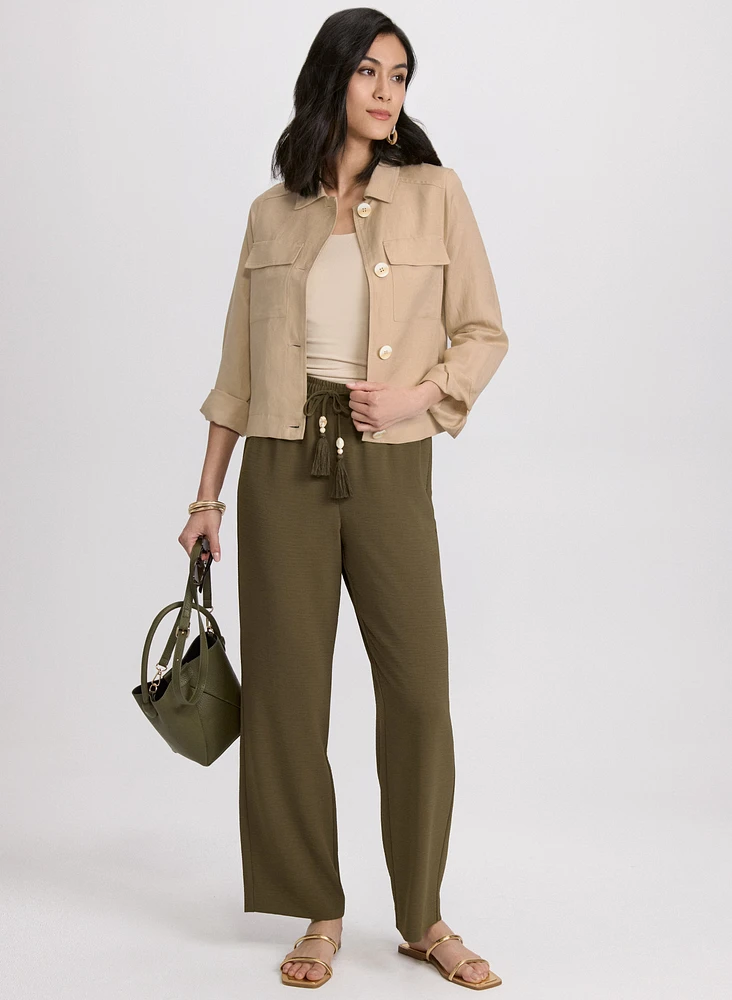 Short Linen Jacket & Crinkled Wide-Leg Pants