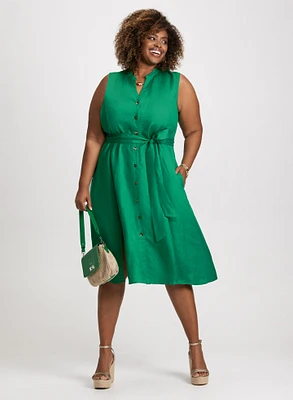 Linen-Blend Button Front Dress