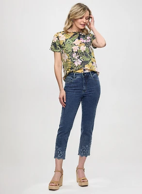 Openwork Floral Top & Embroidered Straight Leg Jeans