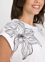 T-shirt à motif floral en esquisse