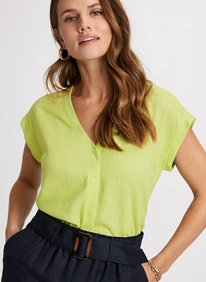 Tie Front Linen-Blend Blouse