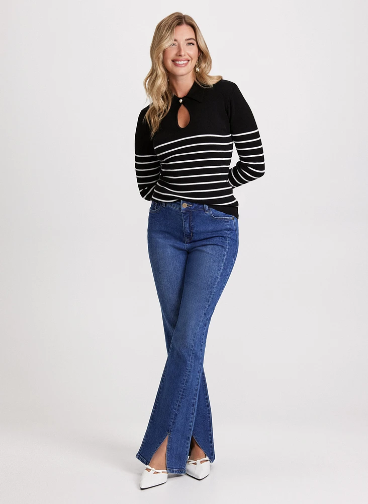 Striped Sweater & Flared Slit Jeans