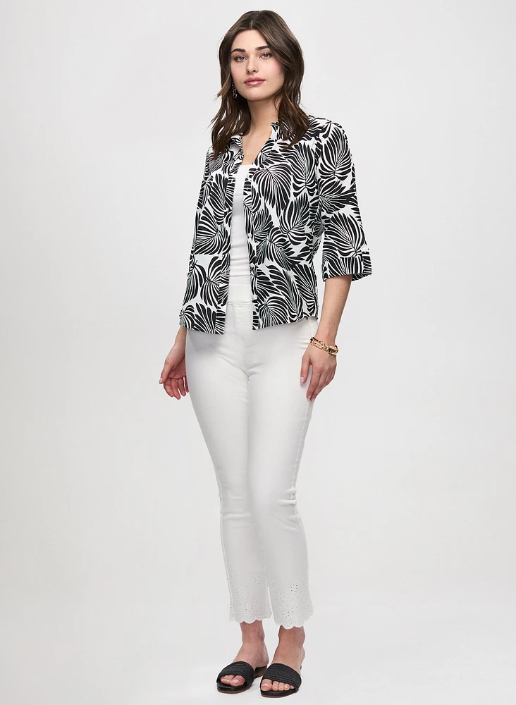 Palm Print Button Down Blouse & Embroidered Pull-On Jeans