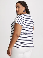 Buttoned Shoulder Striped T-Shirt