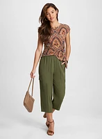 Medallion Print Top & Cargo Pull-On Capris