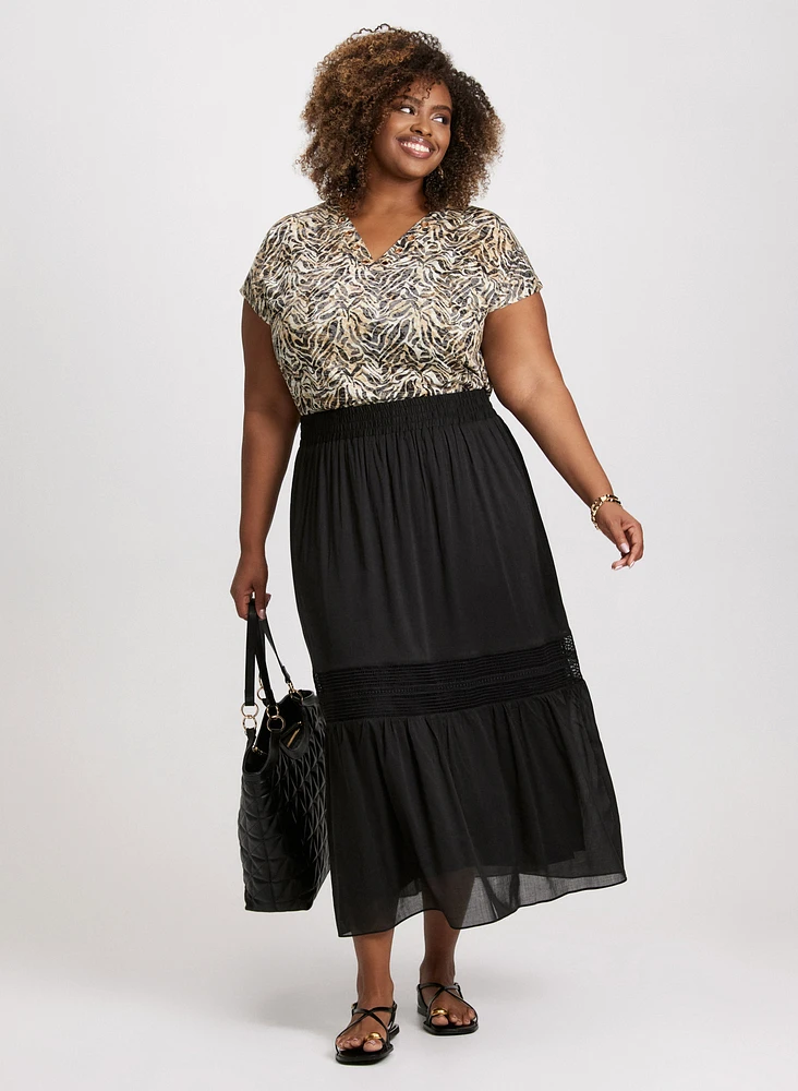 Animal Print Eyelet Tee & Lace Insert Tiered Skirt