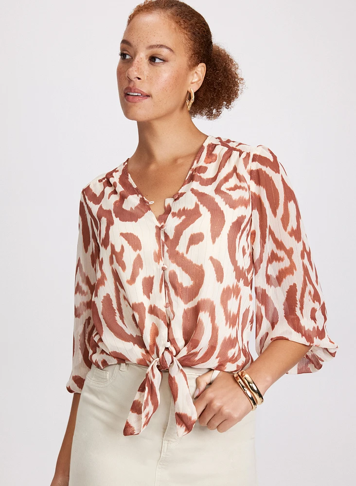 Abstract Tie-Front Blouse