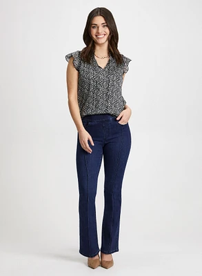 Split Neck Floral Blouse & Bootcut Jeans