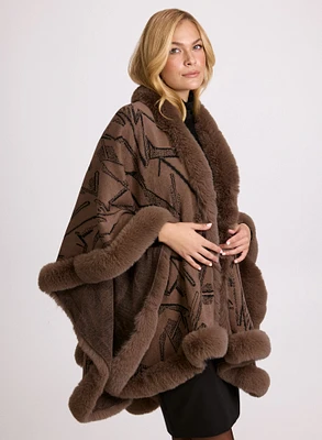 Abstract Faux Fur Trim Poncho