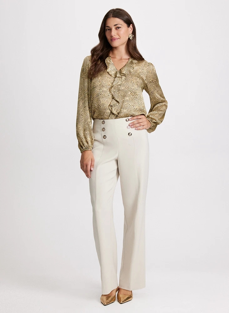 Animal Print Blouse & Button Detail Pants