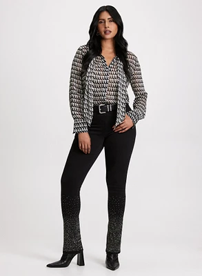 Houndstooth Print Chiffon Blouse & Slim Leg Jeans