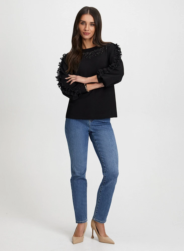 Ruffle Sleeve Top & Straight Leg Jeans