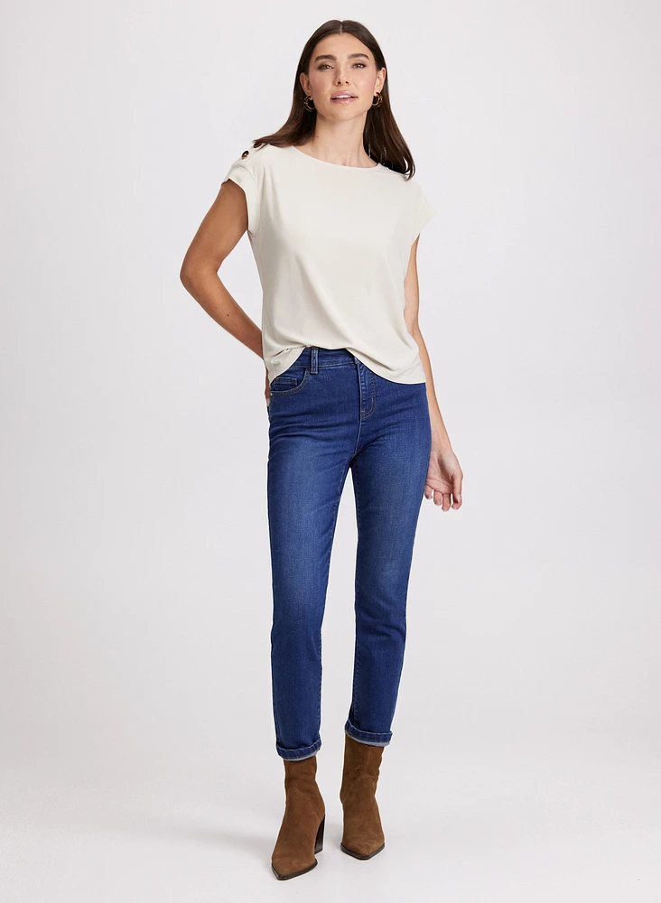 Button Shoulder Detail Top & Slim Leg Jeans