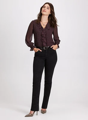 Polka Dot Ruffled Blouse & Rhinestone Straight Leg Jeans