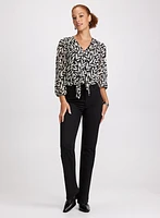 Leaf Print Tie-Front Blouse