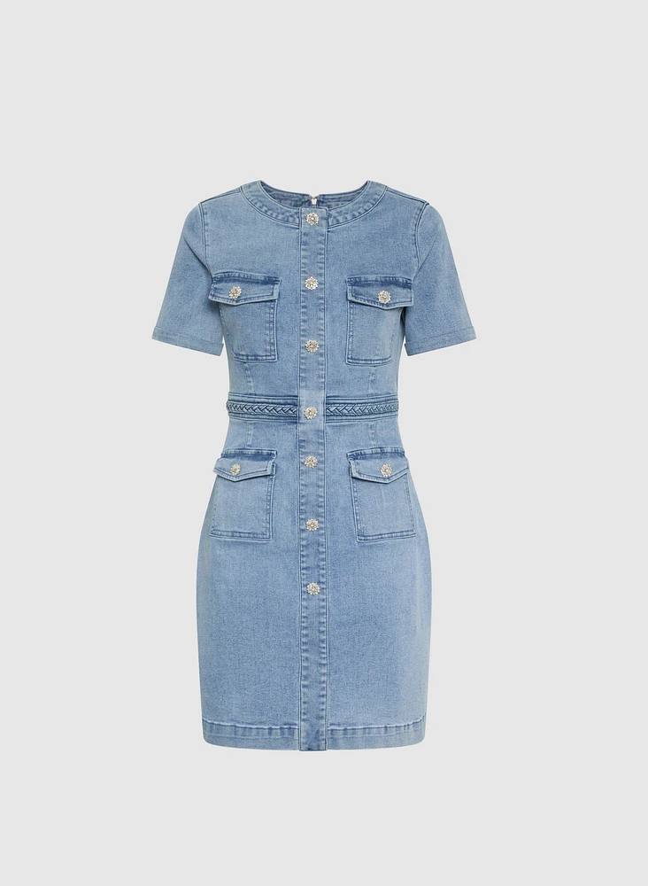 Denim Crystal-Embellished Button Dress