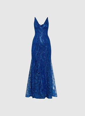 Glitter Mesh V-Neck Gown