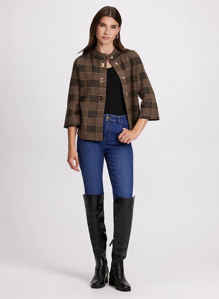 Plaid Print Cardigan & Slim Leg Jeans