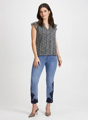 Split Neck Floral Print Blouse & Embroidered Jeans