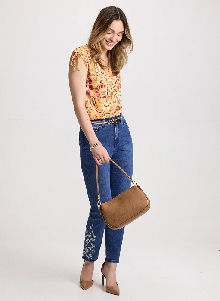 Heathered Paisley Print T-Shirt & Embroidered Straight Leg Jeans