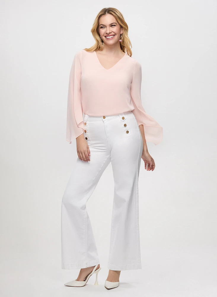 Flared Sleeve Chiffon Blouse & Button Detail Wide Leg Jeans