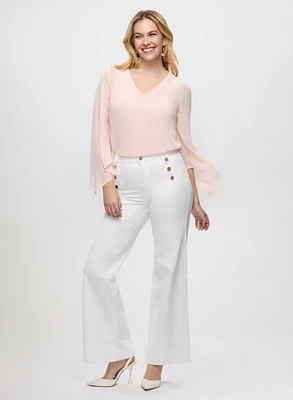 Flared Sleeve Chiffon Blouse & Button Detail Wide Leg Jeans