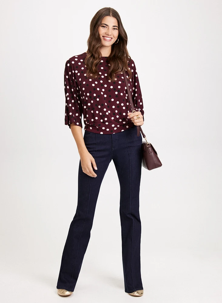 Polka Dot Elbow Sleeve Top & Flared Jeans