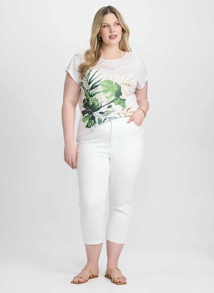 T-shirt à imprimé tropical et pierres
