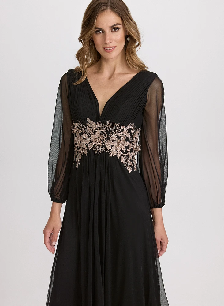 Metallic Floral Appliqué Dress