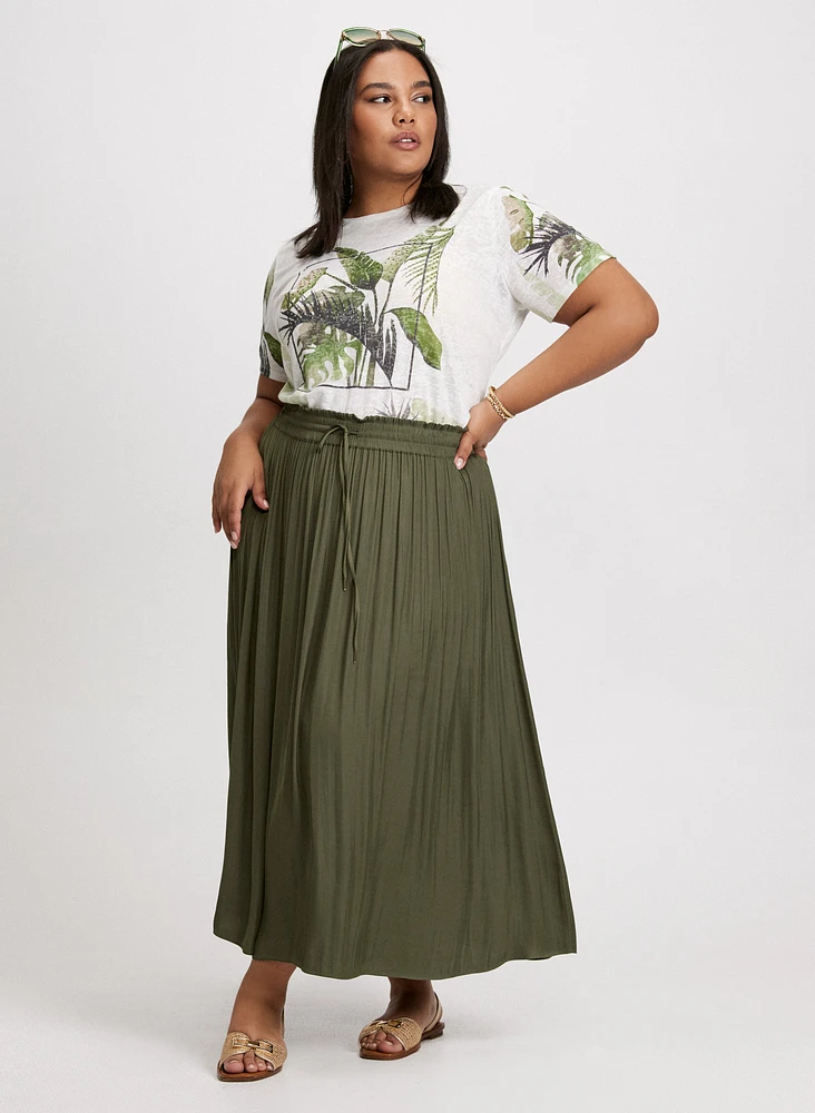 Tropical Print Burnout T-Shirt & Smocked Waist Satin Maxi Skirt