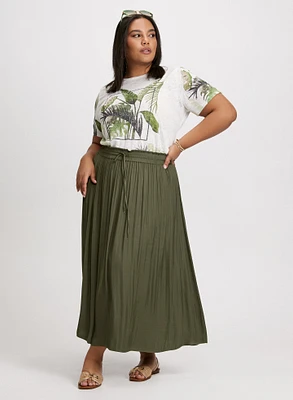 Tropical Print Burnout T-Shirt & Smocked Waist Satin Maxi Skirt