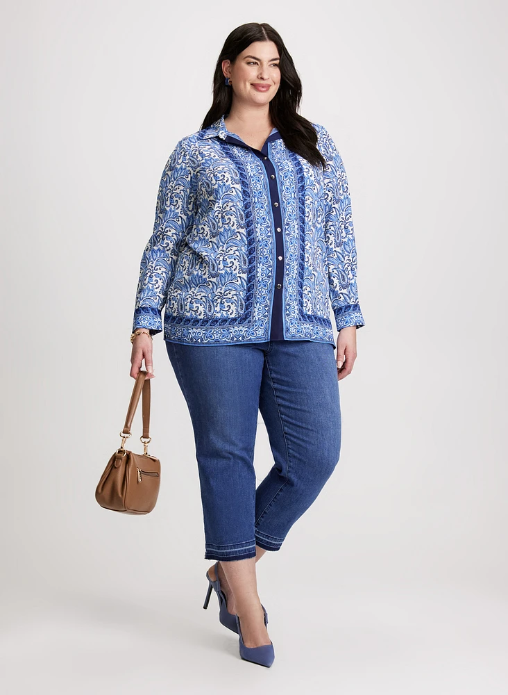 Paisley Print Blouse & Faded Hem Capri Jeans