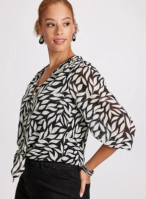 Leaf Print Tie-Front Blouse