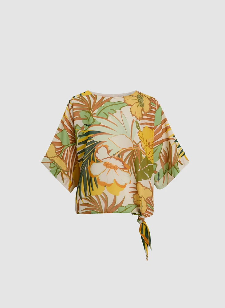 Tie-Hem Tropical Print Top